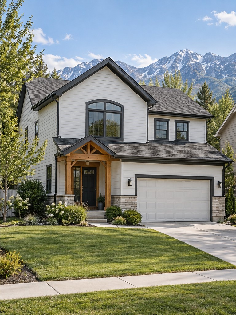 Concept: refreshed white siding, stone and dark trim